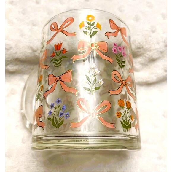 Bows & Flowers Clear 18oz Coffee Mug by Clementine, Goldtone Accents-NEW - Picture 7 of 7